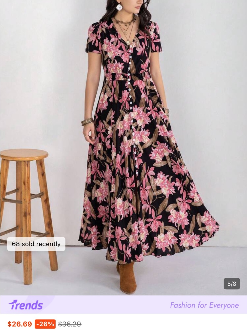 Black Floral Button-Front Maxi Dress with Pink Blossoms